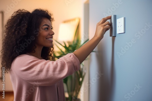 Woman adjusting smart thermostat control on wall.