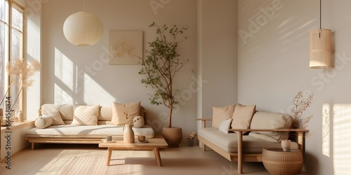 2 beige sofa and coffee table with 1 art poster, AI generative. 