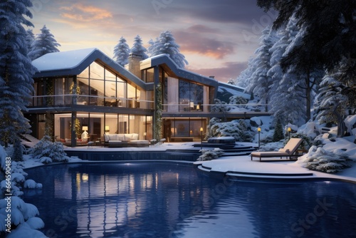 Winter Luxury Exterior with Illuminated Interiors, Reflective Pool, and Enveloping Pine Forest Setting