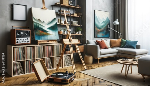 Hipster apartment that celebrates music and artistry. A corner is dedicated to a turntable setup with vinyl records neatly organized. Across the room, an easel holds an unfinished