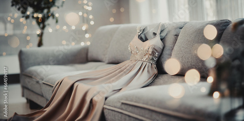 immagine con elegante abito da sera femminile adagiato su un divano, ambiente lussuoso e raffinato