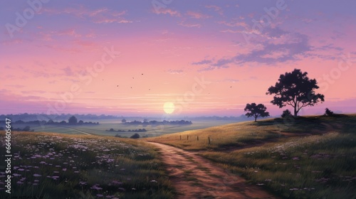 A quiet country road at dawn, with the sky transitioning from pale lavender to soft peach.