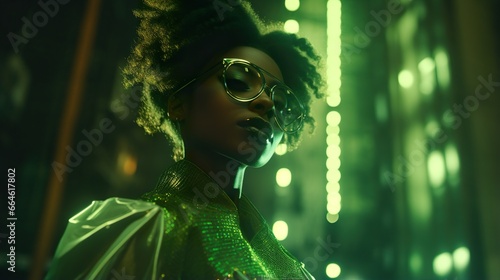 young african ethnicity woman with curly black afro hairstyle at green neon light, stylish female in sunglasses at nightclub, futuristic portrait