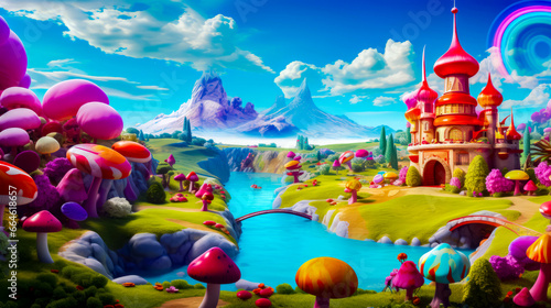 Painting of fairy land with river and castle in the background.