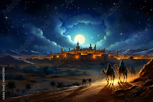 Escenas de los tres reyes magos, Melchor, Gaspar y Baltasar, en sus camellos con paisajes del desierto y nocturnos