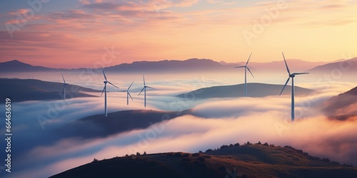Wind Farms Amid Morning Mist, A Vision of Green Energy and Eco-Friendly Innovation