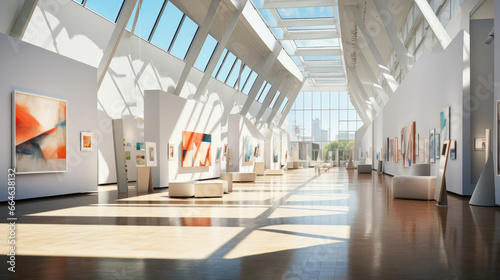 Contemporary art gallery with beautiful bright modern paintings displayed on minimalist white walls. Sunlight penetrates in exhibition space through panoramic windows