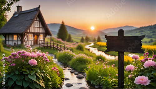 A blank wooden signpost in a rustic countryside landscape with a cozy cottage at dusk, surrounded by blooming flowers, a babbling brook, and a gentle sunset. 