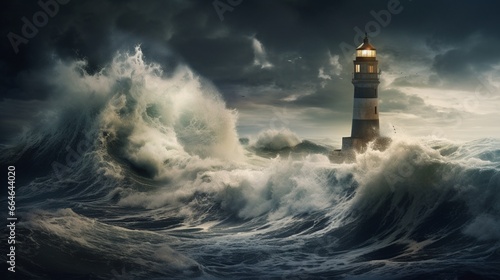 metaphorically representation "Isolation" with a lone lighthouse standing tall in the middle of a vast, stormy sea.