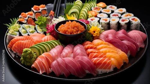 vibrant platter of colorful sushi rolls, fresh from the chef's counter.