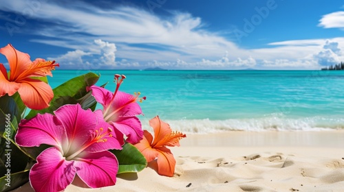 the vibrant colors of exotic flowers against the backdrop of a pristine white-sand beach, where turquoise waters meet the horizon.
