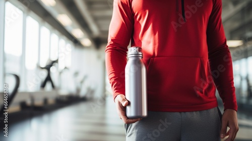 A man firmly holding a blank metallic sports drink bottle near a gym setup