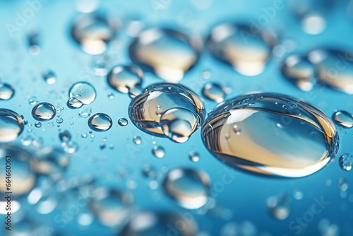 Close-up of oil bubbles with circles of water macro on an abstract light blue background. Generative AI