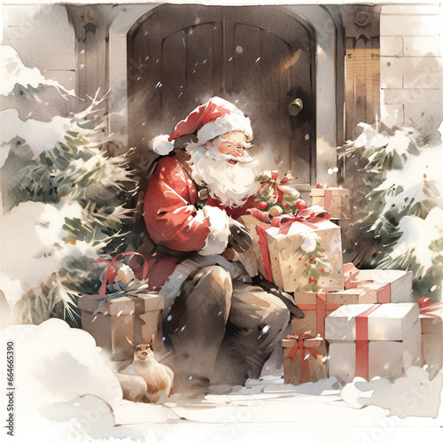 Santa on the doorstep of a house, leaving gifts under the tree