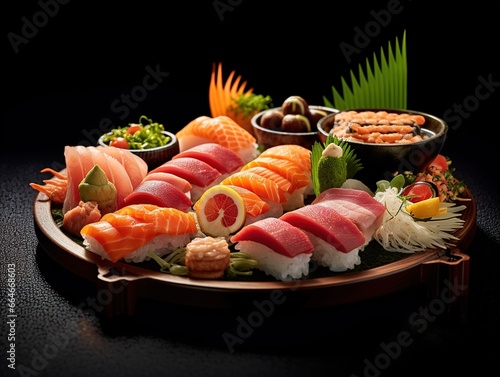 Very delicious and appetizing looking sushi with black background