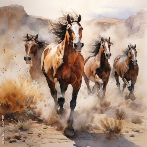 wild horses, opaque watercolor, concept: wild nature, freedom
