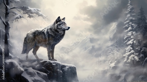 A lone wolf standing on a snow-covered hill, its fur blending seamlessly with the winter landscape. The wolf's breath mingles with the cold air, creating a misty veil around its muzzle.