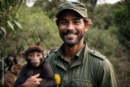 Man Guarding In Wildlife Reserves with monkeys in the jungle. man Ranger, Wildlife Conservation, Protection of Nature Reserves, Park Safety