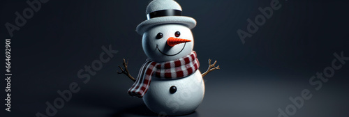 Banner with a gentleman snowman. Elegant snow man in a bowler hat and a checkered scarf. Winter header for website, article, store, fair, sign.