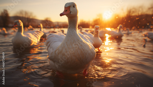 Sunset reflects on water, ducks waddle in a peaceful meadow generated by AI