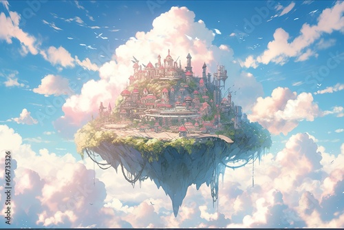 Ancient Heavenly Floating island in the sky with a castle, vibrant, fantasypunk.