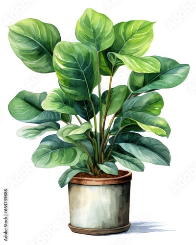 Watercolor potted houseplant isolated on white background.