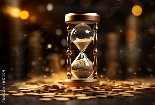Hourglass with gold coins on wooden table. Time is money concept