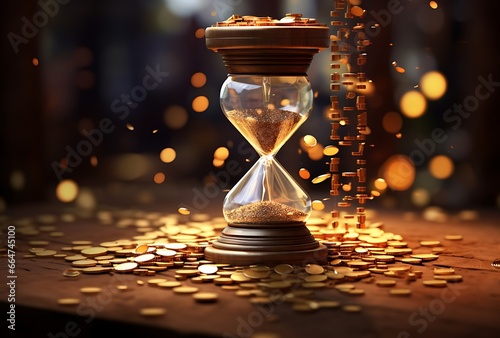 Time is money concept. Hourglass with gold coins on wooden background
