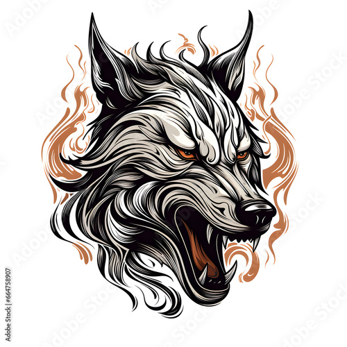 Angry Wolf head tshirt tattoo design dark art illustration isolated on white