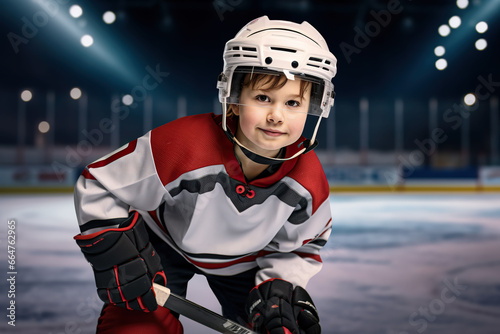 Portrait of a boy dressed as a hockey player on ice rink.