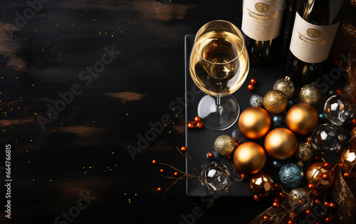 butelka szampana, wina musującego z kieliszkami na drewnianym stole w ozdobach świątecznych.