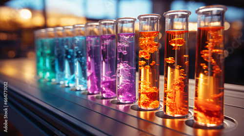 Multi-colored glass flasks and flasks with chemical test tubes in a scientific medical microbiological laboratory with research equipment