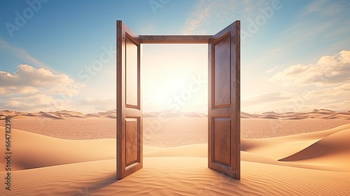 The opened door on the desert. Unknown and start up concept.