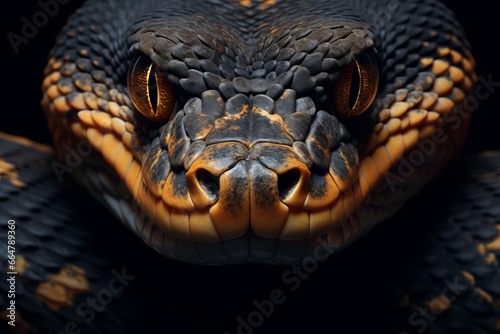 Close-up of calm snake face isolated on dark background