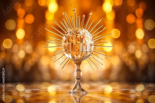 The golden monstrance with a little transparent crystal center, consecrated host. church defocused background.