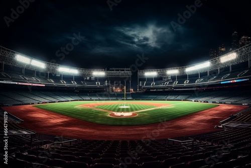 Nighttime view of a spacious baseball stadium infield playground. Generative AI