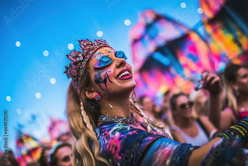 A girl at a rave party dances in a crazy bright costume. Festival, concert, many cheerful people, colors of Holi.