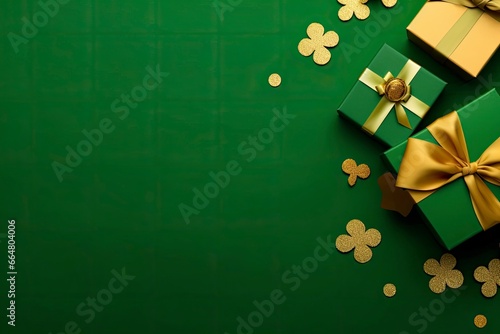 St Patrick's Day concept. leprechaun headwear gift boxes pot with gold coins.