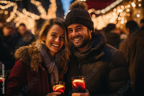 couple souriant et amoureux qui déguste un vin chaud au traditionnel marché de Noël