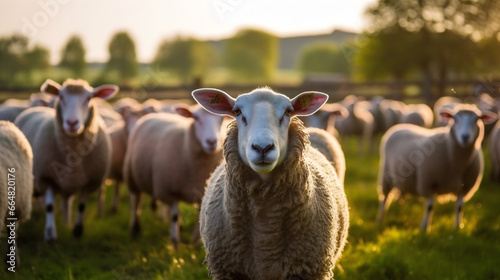 Mouton dans son enclos à la ferme, focus sur un animal avec d'autres moutons dans le fond.