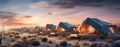 Glamping houses in magic desert nature with perfect colorful sunset light, panorama. Generative Ai.