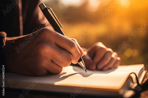Man writing in notebook. Human hand with pen writing memories. Generate ai