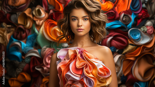 Young girl in bold dress and daring makeup in colorful flower studio.