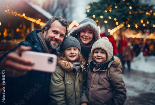 During the Christmas time, a friendly family enjoy the holidays to visit the Christmas market. The father takes a selfie for the good memory. Generative ai 