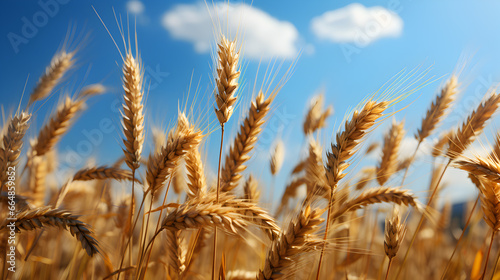 Wheat closeup and blue sky concept of grain shortage hunger