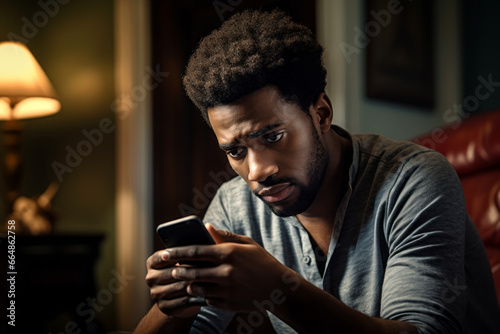 Sad man checking his smartphone. Depressed person doom scrolling through news on his phone screen.