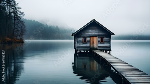 Vintage Wooden Boathouse on a Calm Lake. generative AI