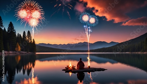 A vivid sunset reflected on a serene lake, with a lone figure sitting beside a campfire, surrounded by tall pine trees, while fireworks burst into a colorful display in the night sky