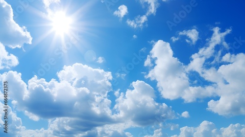 Clear blue skies with fluffy white clouds. Summer sunlight creates a beautiful and bright atmosphere. The wind gently moves the clouds, creating a scenic pattern in the sky. A perfect sunny day