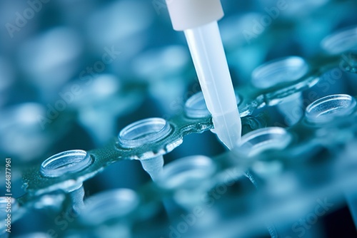 Macro shot of doctor tip and plastic plate for immunosorbent assay.